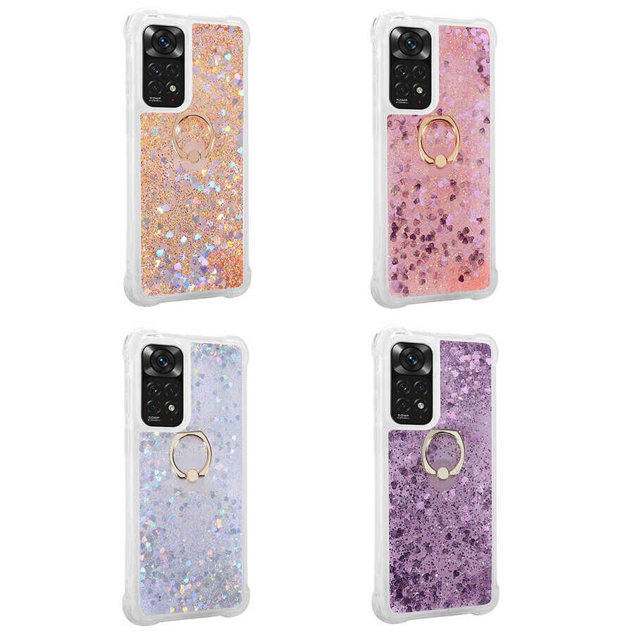 Xiaomi Redmi Note 11S Global Kılıf Sıvılı Akışkanlı Desenli Simli Yüzüklü Silikon Kapak (MİLCE) Pembe