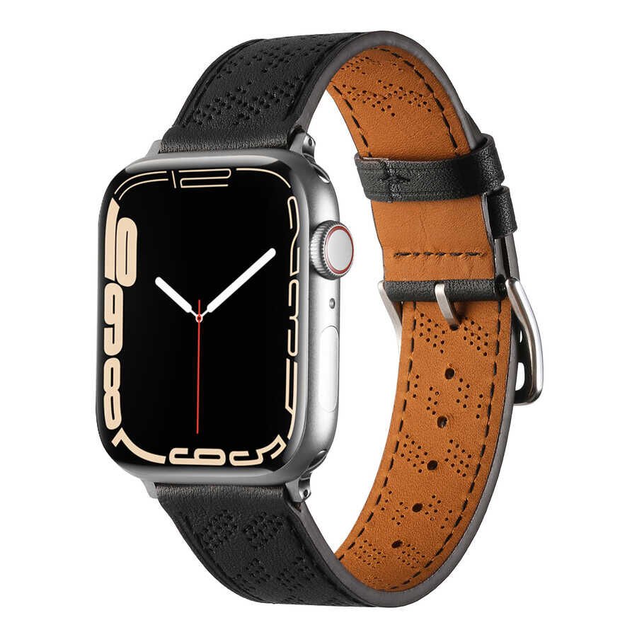 Apple Watch 2/3/4/5/6/7/8/se/nike 38mm 40mm 41mm Suni Deri Kordon Strap Kayış Tasarım (KRD-76) Siyah