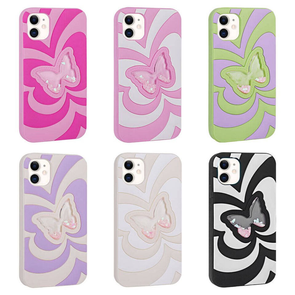 Apple iPhone 11 Kılıf Sıvılı Simli Kelebekli Tasarım Kapak (Vodena) Yeşil