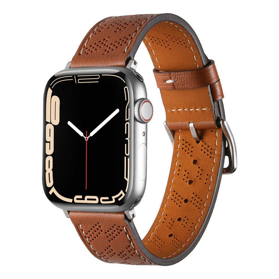 Apple Watch 2/3/4/5/6/7/8/se/nike 38mm 40mm 41mm Suni Deri Kordon Strap Kayış Tasarım (KRD-76) Kahverengi