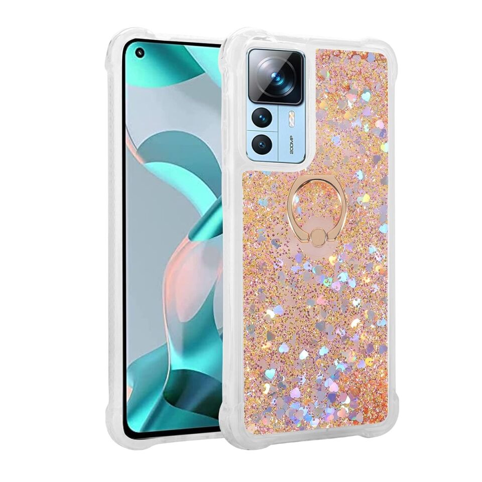 Xiaomi Mi 12T Kılıf Sıvılı Akışkanlı Desenli Simli Yüzüklü Silikon Kapak (MİLCE) Gold