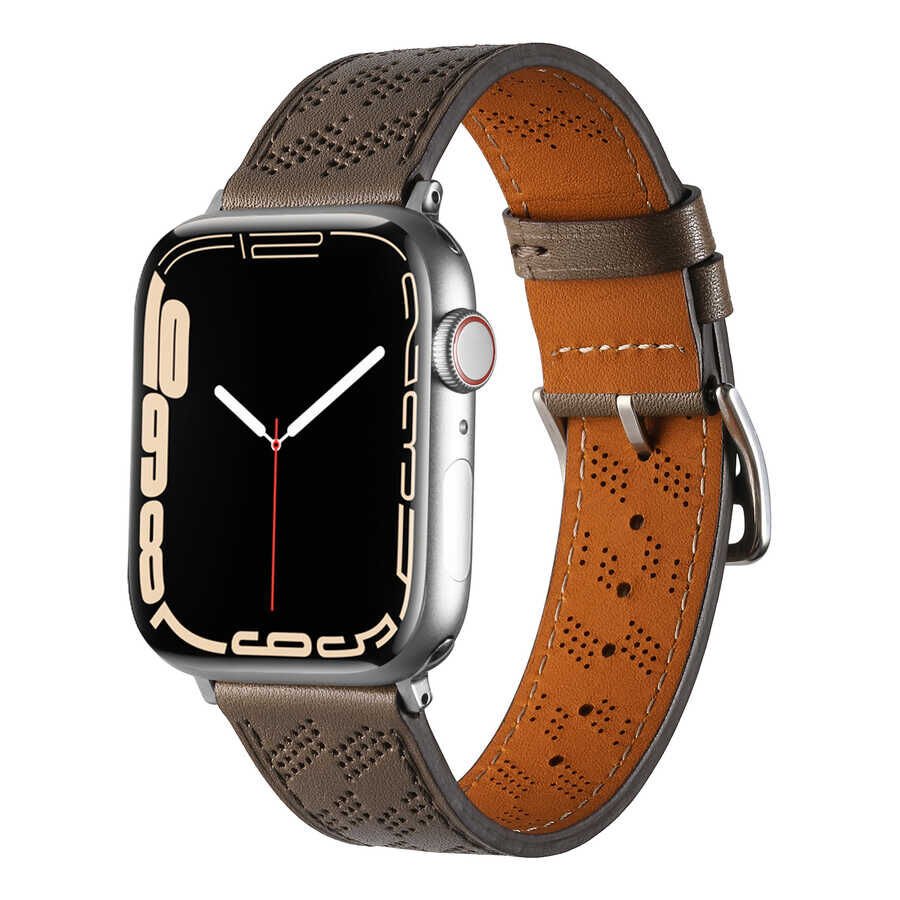Apple Watch 2/3/4/5/6/7/8/se/ultra/nike 42mm 44mm 45mm 49mm Suni Deri Kordon Strap Tasarım (KRD-76) Gri