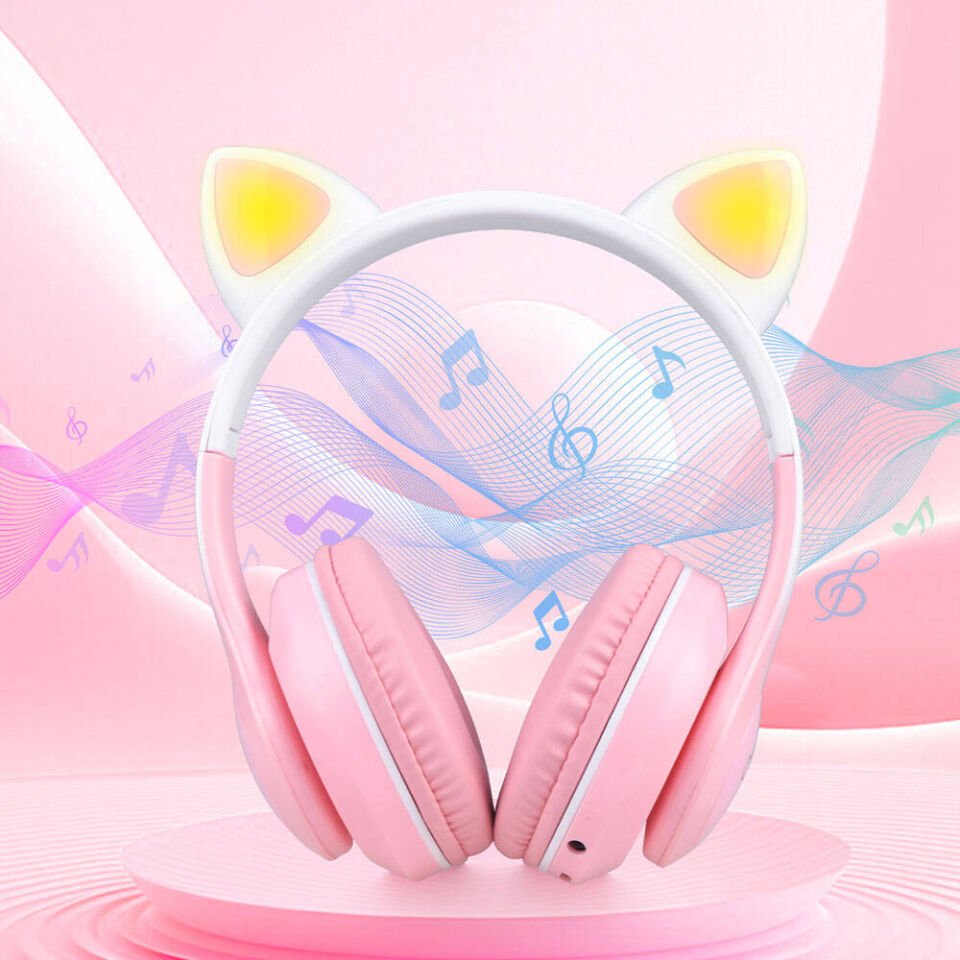 Kedi Kulaklı Tasarımlı RGB Işıklı Bluetooth Kulaklık (STN-28 Pro) Pembe