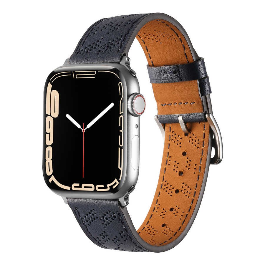 Apple Watch 2/3/4/5/6/7/8/se/ultra/nike 42mm 44mm 45mm 49mm Suni Deri Kordon Strap Tasarım (KRD-76) Lacivert