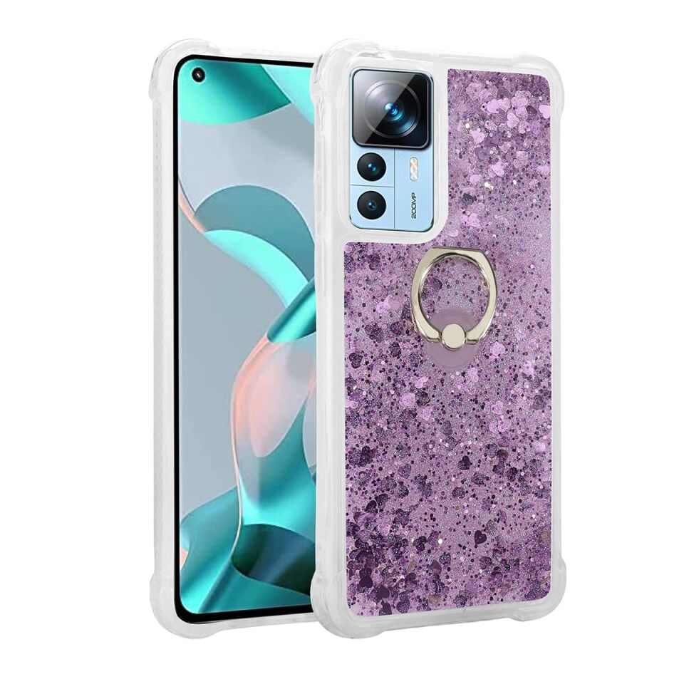 Xiaomi Mi 12T Pro Kılıf Sıvılı Akışkanlı Desenli Simli Yüzüklü Silikon Kapak (MİLCE) Pembe