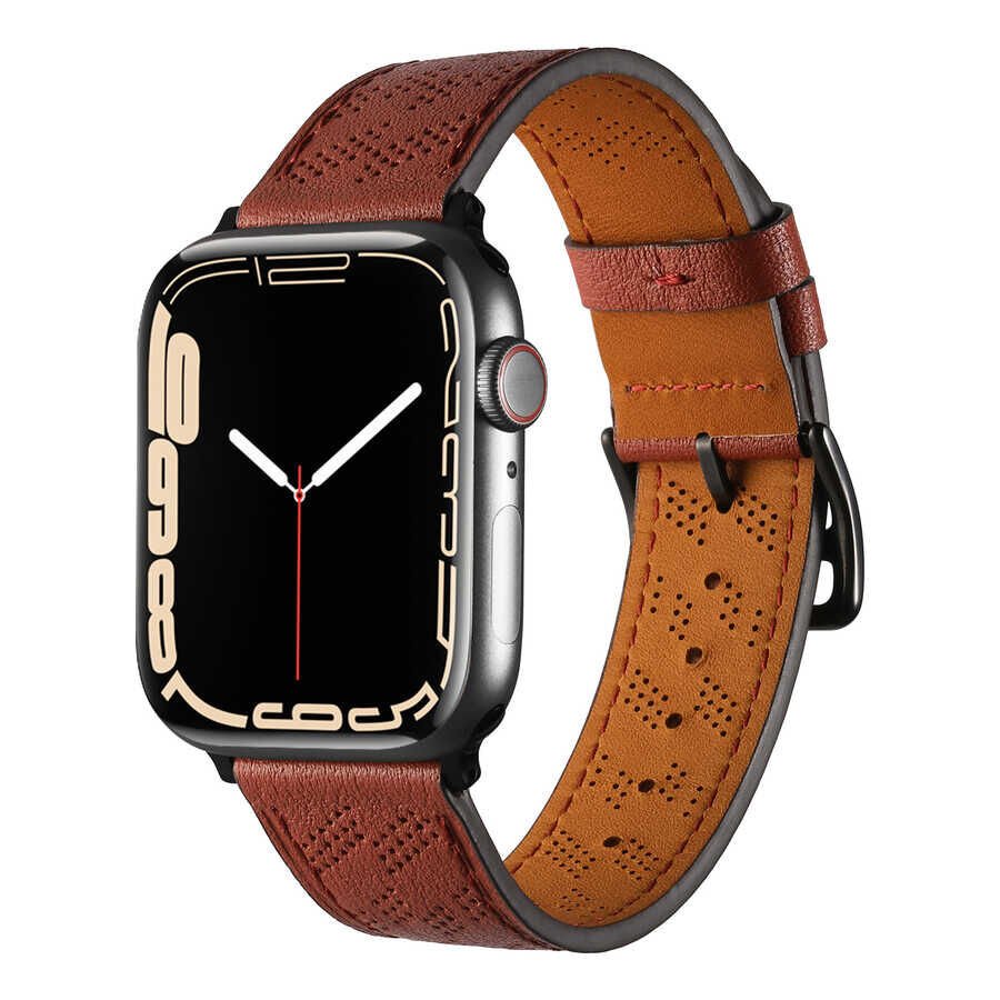 Apple Watch 2/3/4/5/6/7/8/se/ultra/nike 42mm 44mm 45mm 49mm Suni Deri Kordon Strap Tasarım (KRD-76) Mürdüm