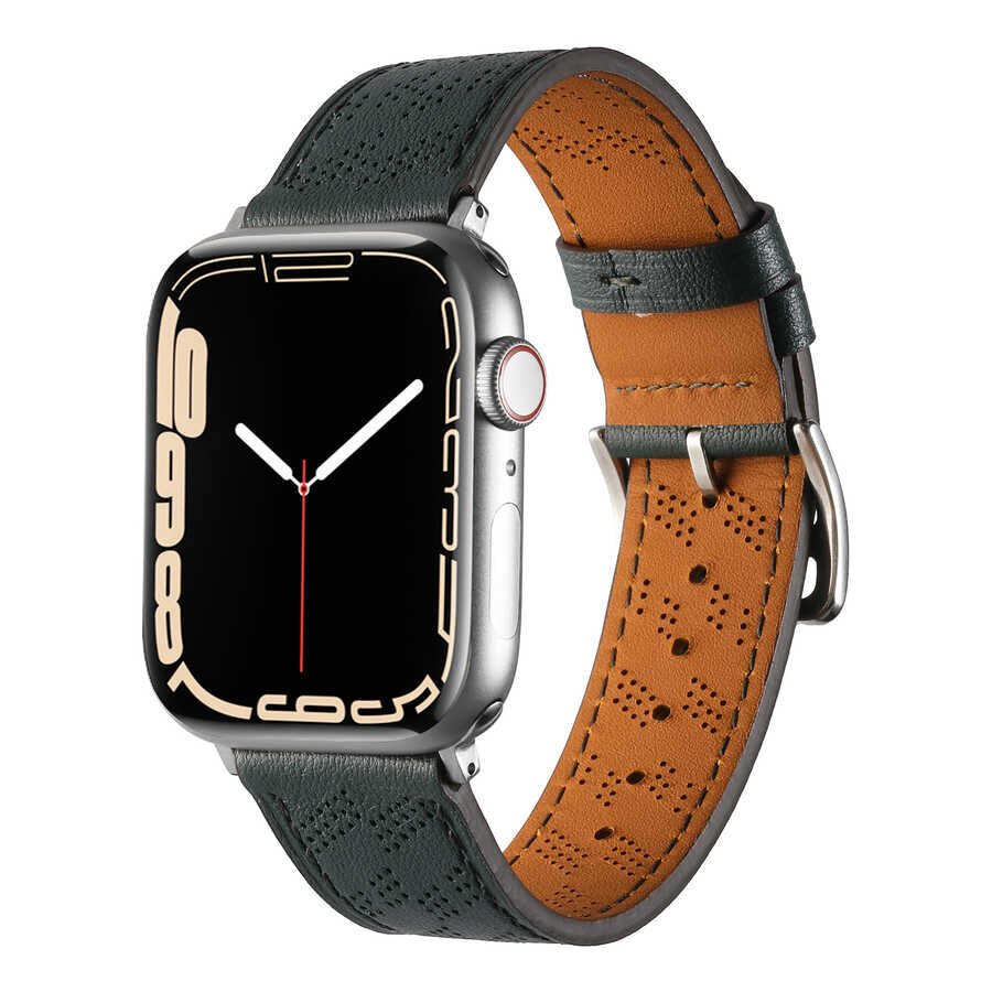 Apple Watch 2/3/4/5/6/7/8/se/ultra/nike 42mm 44mm 45mm 49mm Suni Deri Kordon Strap Tasarım (KRD-76) Koyu Yeşil