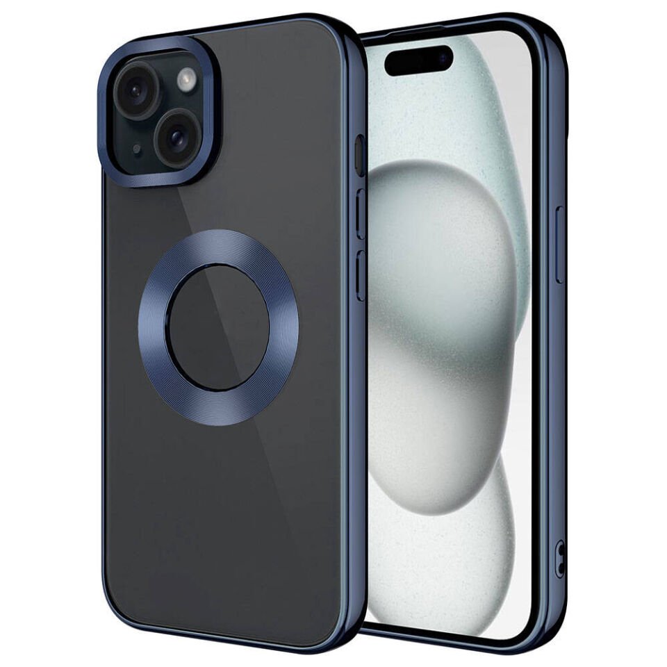 Apple iPhone 15 Plus Kılıf Kamera Lens Korumalı Logo Gösteren Parlak Kenarlı Kapak (TEK-OMEGA) Lacivert