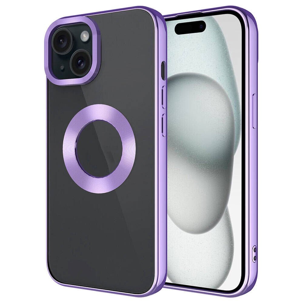 Apple iPhone 15 Plus Kılıf Kamera Lens Korumalı Logo Gösteren Parlak Kenarlı Kapak (TEK-OMEGA) Lila