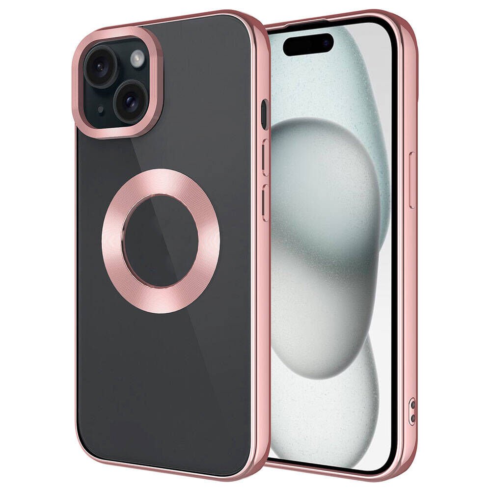 Apple iPhone 15 Plus Kılıf Kamera Lens Korumalı Logo Gösteren Parlak Kenarlı Kapak (TEK-OMEGA) Rose Gold