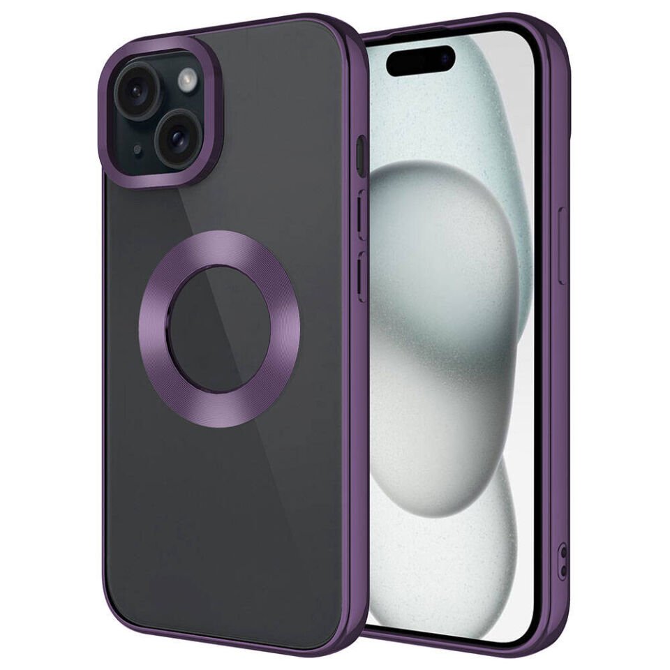 Apple iPhone 15 Plus Kılıf Kamera Lens Korumalı Logo Gösteren Parlak Kenarlı Kapak (TEK-OMEGA) Derin Mor
