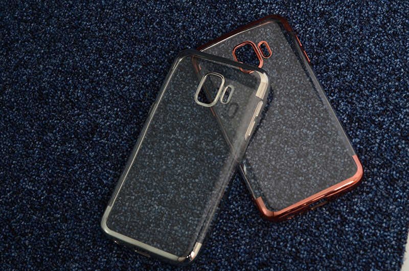 Samsung Galaxy J2 Core Kılıf Dört Köşe Renkli Lazer Şeffaf Silikon Kapak (GLİTTER) Mavi