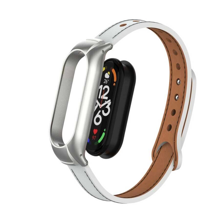 Xiaomi Mi Band 7 Deri Kordon Metal Tokalı Tasarım (KRD-68) Beyaz