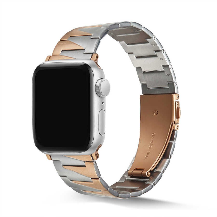 Apple Watch 2/3/4/5/6/7/8/se/ultra/nike 42mm 44mm 45mm 49mm Metal Kordon Renkli Tasarım (KRD-48) Gümüş-Rosegold