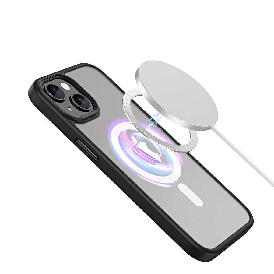 Apple  iPhone 14 Plus Kılıf Şarj Destekli Kontrast Metal Hassas Buton Tasarım Kapak (hibrit-mag) Mavi