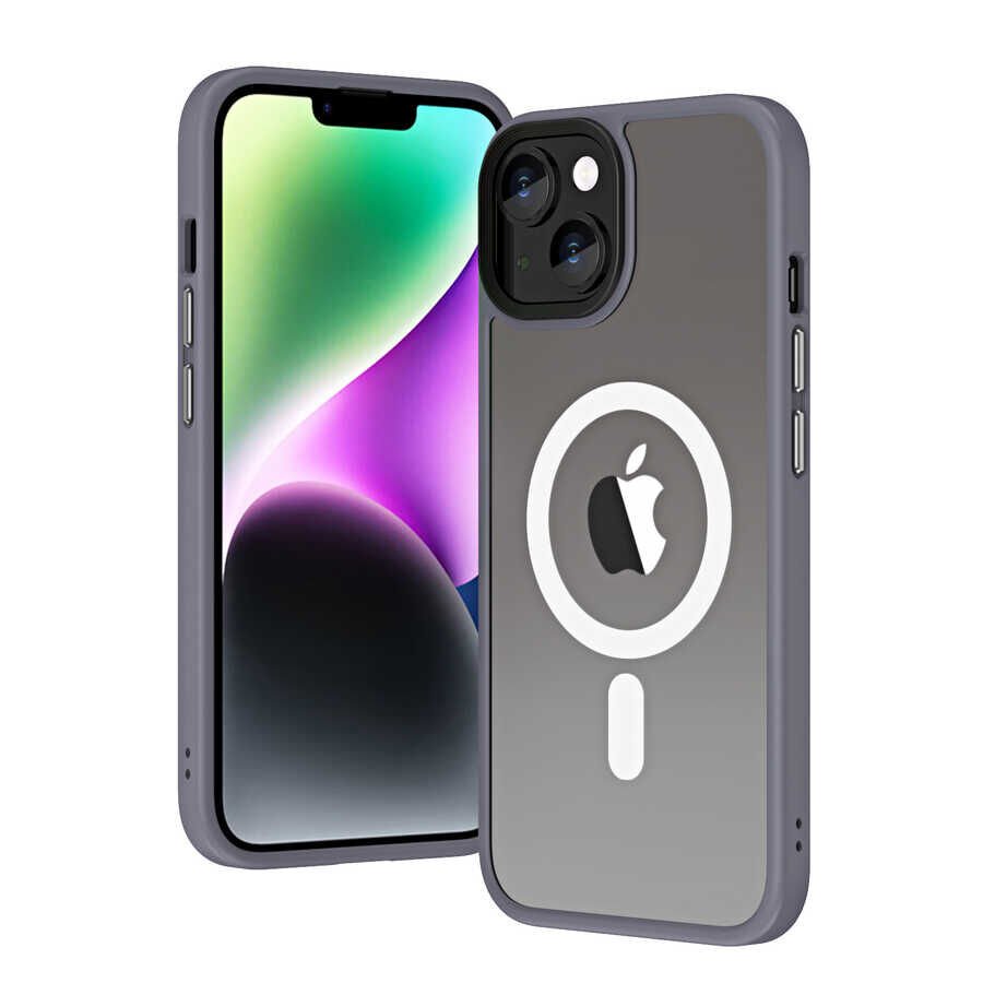Apple  iPhone 14 Plus Kılıf Şarj Destekli Kontrast Metal Hassas Buton Tasarım Kapak (hibrit-mag) Mavi
