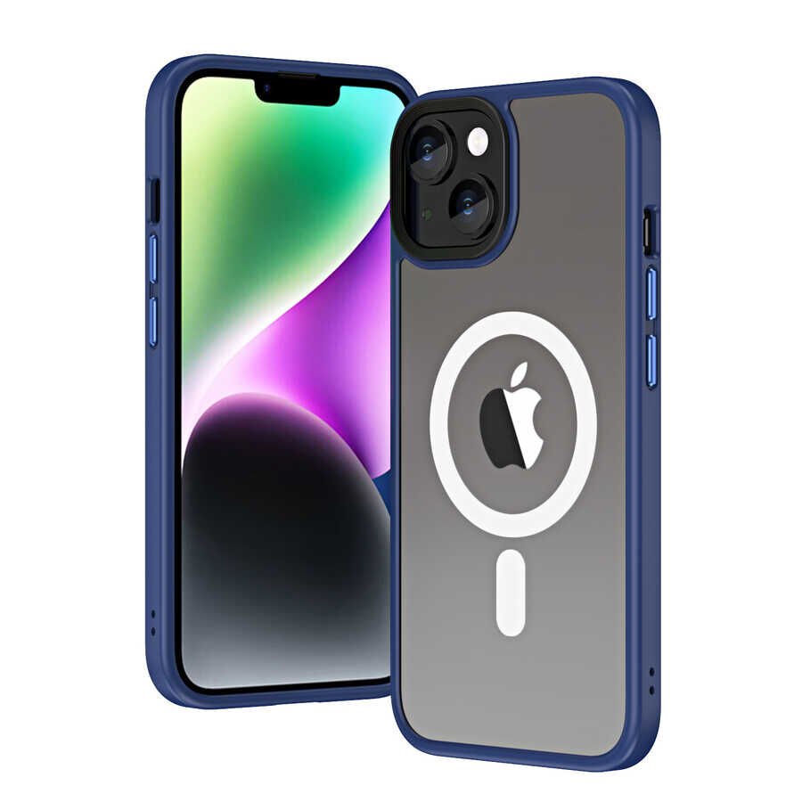 Apple  iPhone 14 Plus Kılıf Şarj Destekli Kontrast Metal Hassas Buton Tasarım Kapak (hibrit-mag) Mavi