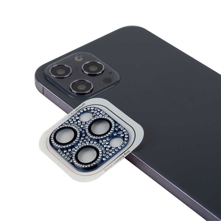 Apple iPhone 12 Pro Kamera Lens Koruyucu Parıldayan Taşlı ve Renkli Kolay Takma Aparatlı (CL-08) Mavi