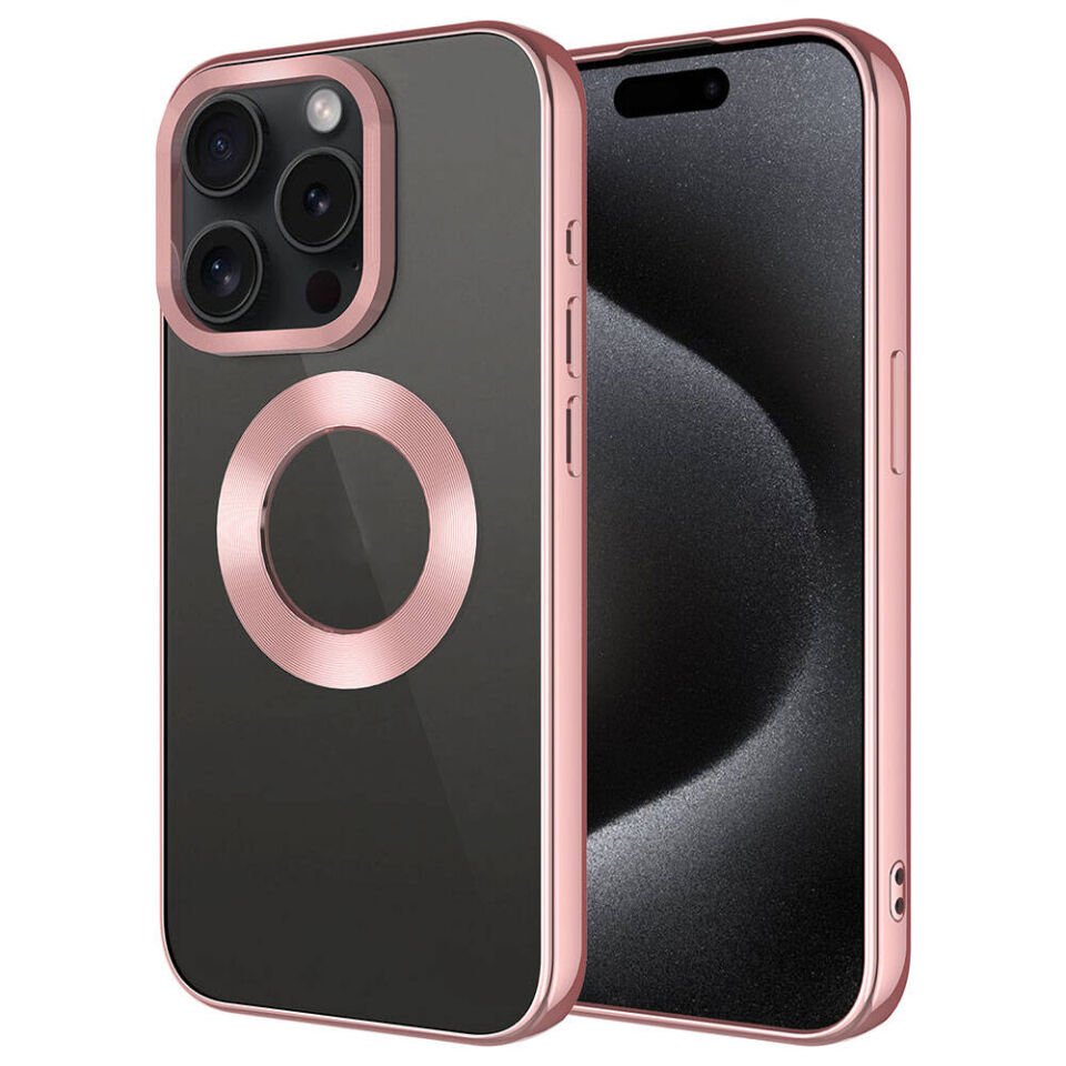 Apple iPhone 15 Pro Kılıf Kamera Lens Korumalı Logo Gösteren Parlak Kenarlı Kapak (TEK-OMEGA) Rose Gold