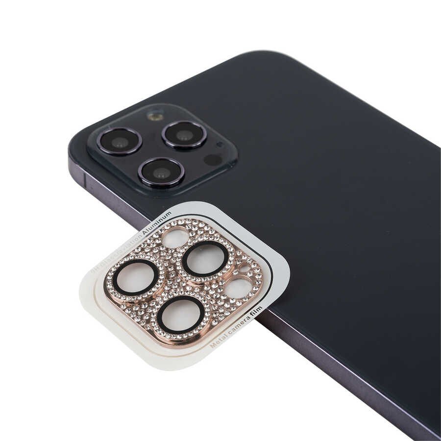 Apple iPhone 12 Pro Kamera Lens Koruyucu Parıldayan Taşlı ve Renkli Kolay Takma Aparatlı (CL-08) Pembe