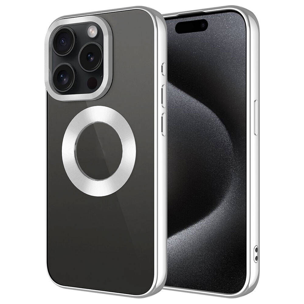 Apple iPhone 15 Pro Kılıf Kamera Lens Korumalı Logo Gösteren Parlak Kenarlı Kapak (TEK-OMEGA) Gümüş
