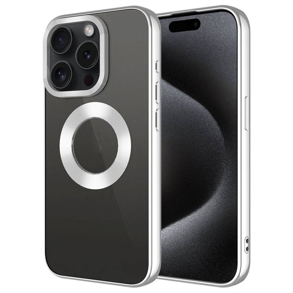 Apple iPhone 15 Pro Kılıf Kamera Lens Korumalı Logo Gösteren Parlak Kenarlı Kapak (TEK-OMEGA) Gümüş