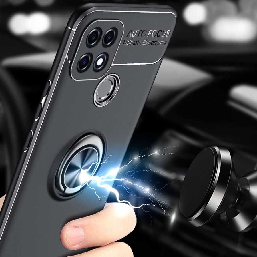 Oppo A15 Kılıf Kamera Çıkıntılı Renkli Yüzüklü Standlı Mıknatıslı Kapak (RAVEL) Mavi