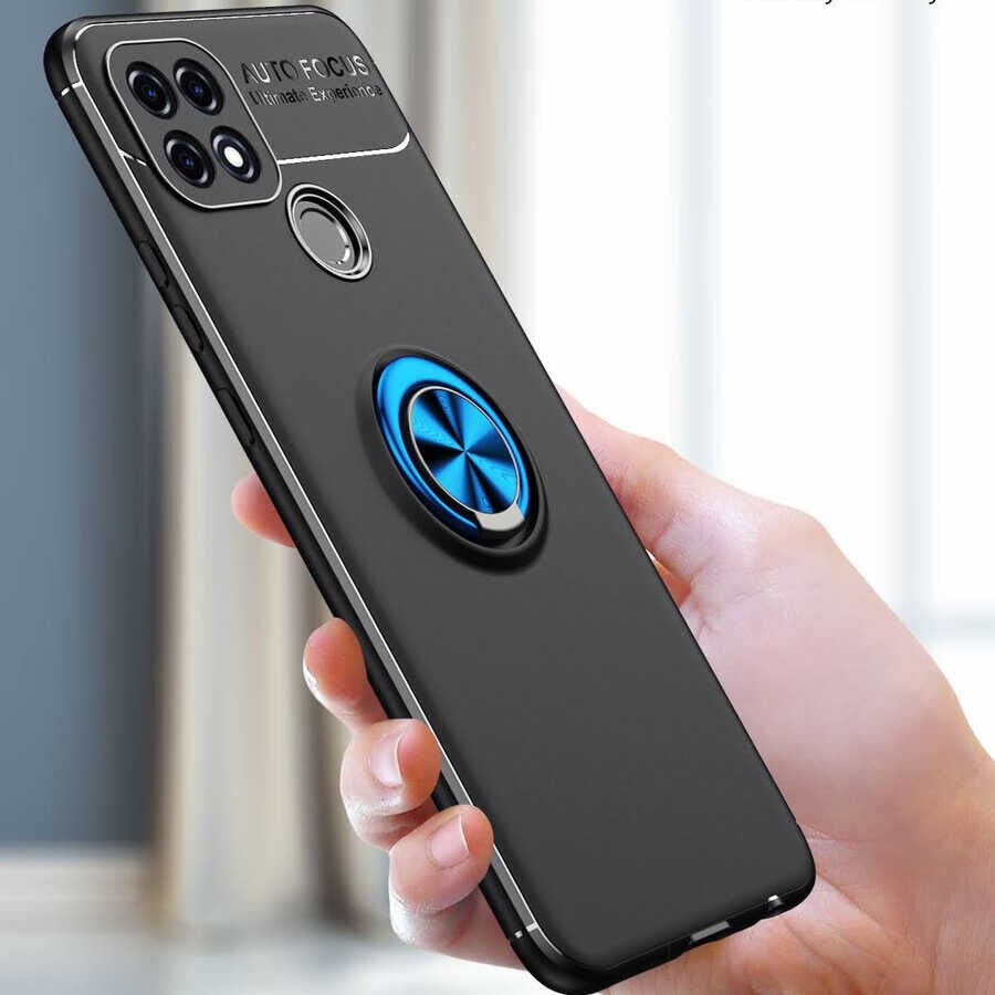 Oppo A15 Kılıf Kamera Çıkıntılı Renkli Yüzüklü Standlı Mıknatıslı Kapak (RAVEL) Mavi