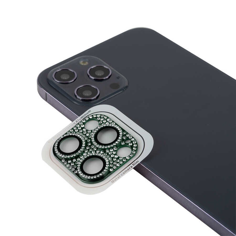 Apple iPhone 12 Pro Kamera Lens Koruyucu Parıldayan Taşlı ve Renkli Kolay Takma Aparatlı (CL-08) Koyu Yeşil