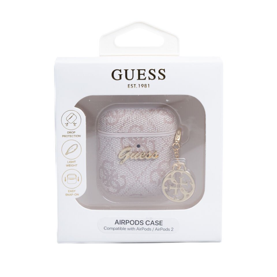 Apple Airpods Kılıf Guess Orjinal Lisanslı 4G Desenli Metal Script Logolu 4G Charm Sağdan Askılı PU Deri Kılıf