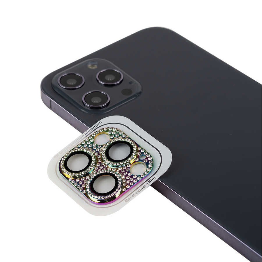Apple iPhone 12 Pro Kamera Lens Koruyucu Parıldayan Taşlı ve Renkli Kolay Takma Aparatlı (CL-08) Colorful