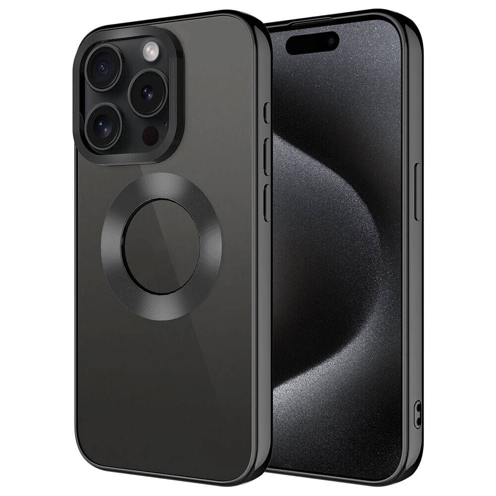 Apple iPhone 15 Pro Max Kılıf Kamera Lens Korumalı Logo Gösteren Parlak Kenarlı Kapak (TEK-OMEGA) Siyah