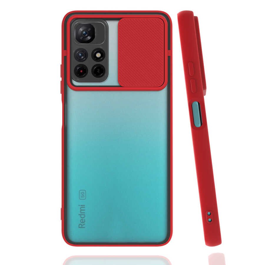 Xiaomi Redmi Note 11T 5G Kılıf Slayt Sürgülü Kamera Korumalı Renkli Silikon Kapak Kırmızı