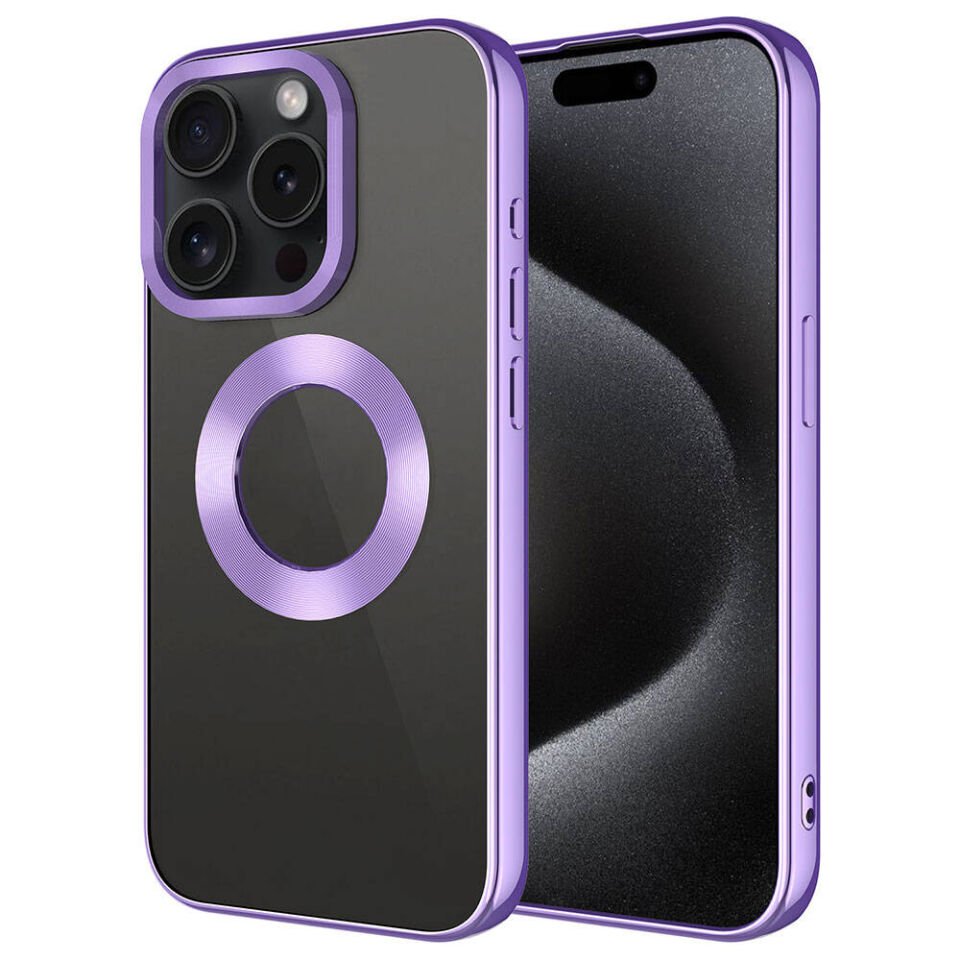 Apple iPhone 15 Pro Max Kılıf Kamera Lens Korumalı Logo Gösteren Parlak Kenarlı Kapak (TEK-OMEGA) Lila