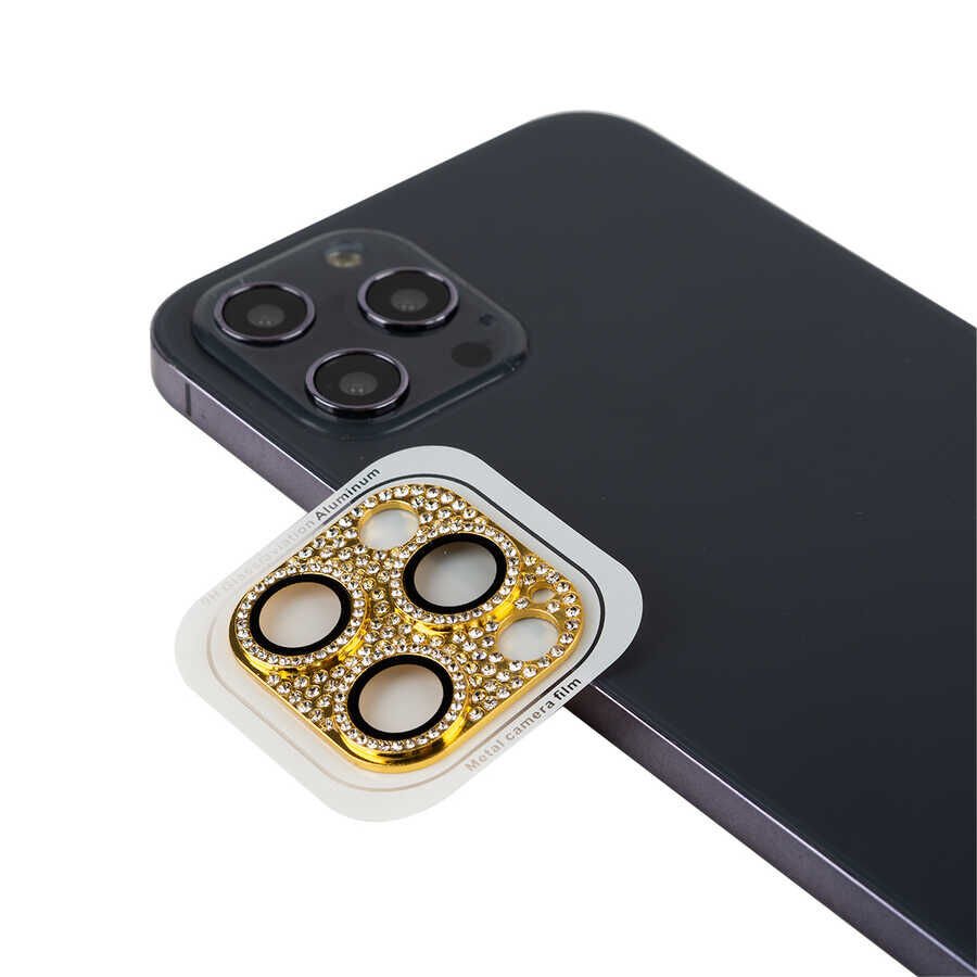 Apple iPhone 13 Pro Max Kamera Lens Koruyucu Parıldayan Taşlı ve Renkli Kolay Takma Aparatlı (CL-08) Gold