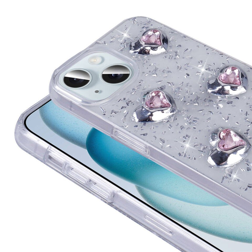 Apple iPhone 13 Kılıf Airbagli Simli Arka Yüzey Parıltılı Silikon Kapak (IŞILTI) Beyaz-Kalp