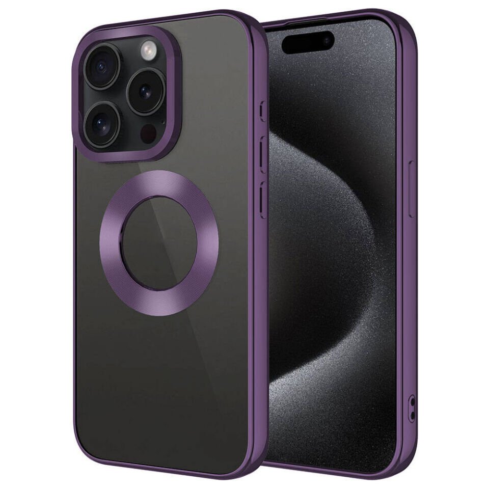 Apple iPhone 15 Pro Max Kılıf Kamera Lens Korumalı Logo Gösteren Parlak Kenarlı Kapak (TEK-OMEGA) Derin Mor