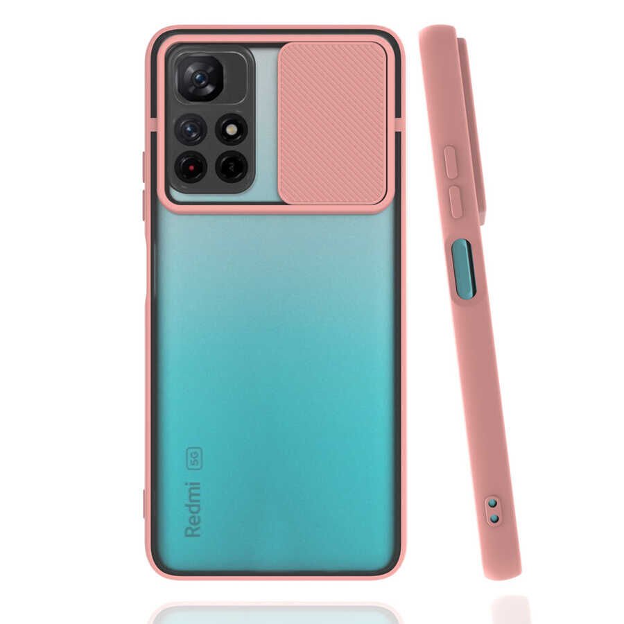 Xiaomi Redmi Note 11T 5G Kılıf Slayt Sürgülü Kamera Korumalı Renkli Silikon Kapak Pembe Açık