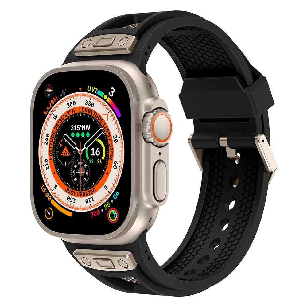 Apple Watch Ultra 49mm HEPTEKİLETİŞİM KRD-117 Hava Alabilen Delikli Metal Süslemeli Desenli Silikon Kordon