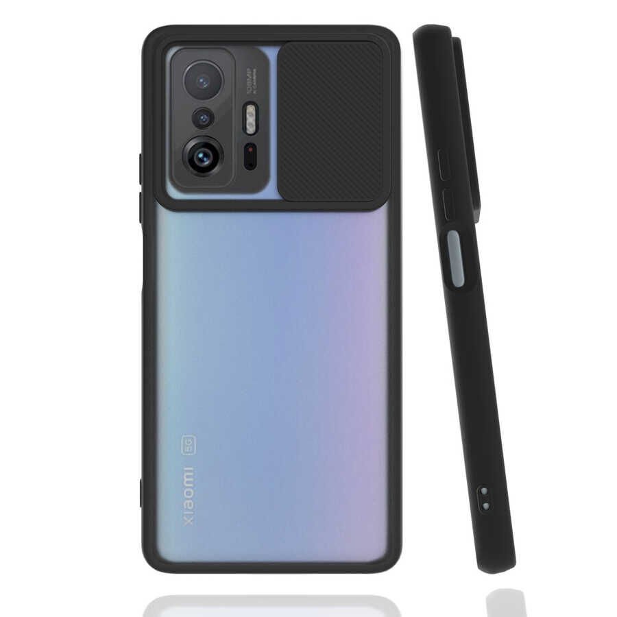 Xiaomi Mi 11T Pro 5G Kılıf Slayt Sürgülü Kamera Korumalı Renkli Silikon Kapak Siyah