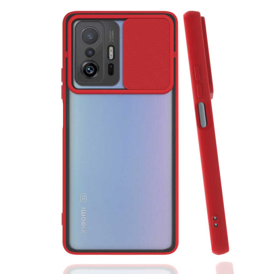 Xiaomi Mi 11T Pro 5G Kılıf Slayt Sürgülü Kamera Korumalı Renkli Silikon Kapak Kırmızı