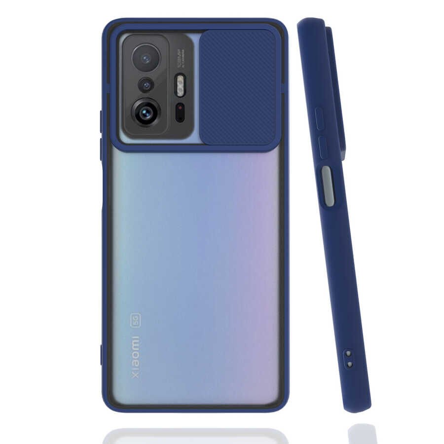 Xiaomi Mi 11T Pro 5G Kılıf Slayt Sürgülü Kamera Korumalı Renkli Silikon Kapak Lacivert