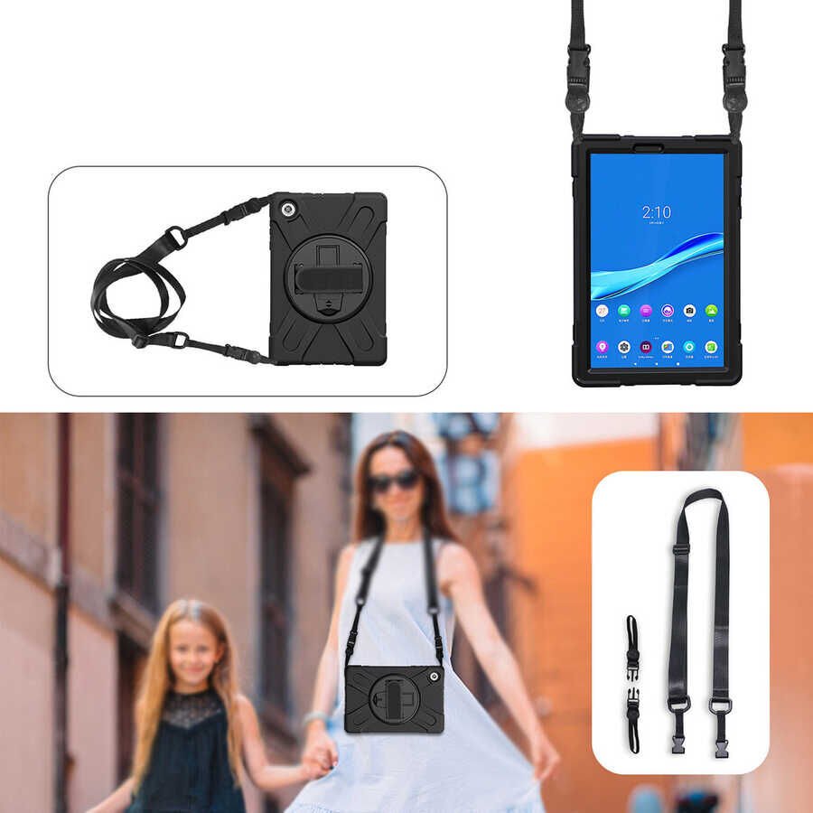 Lenovo M10 Plus Tb-x606f Tb-x606x Kılıf Askılı Standlı Tank Koruyucu Dönen (DEFENDER) Siyah
