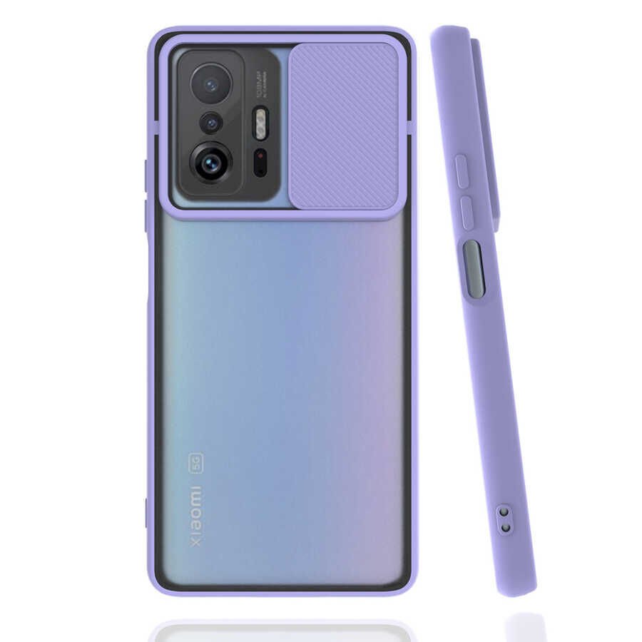 Xiaomi Mi 11T Pro 5G Kılıf Slayt Sürgülü Kamera Korumalı Renkli Silikon Kapak Lila