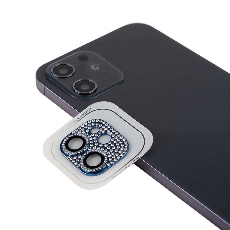 Apple iPhone 11 Kamera Lens Koruyucu Parıldayan Taşlı ve Renkli Tasarım Kolay Takma Aparatlı (CL-08) Mavi