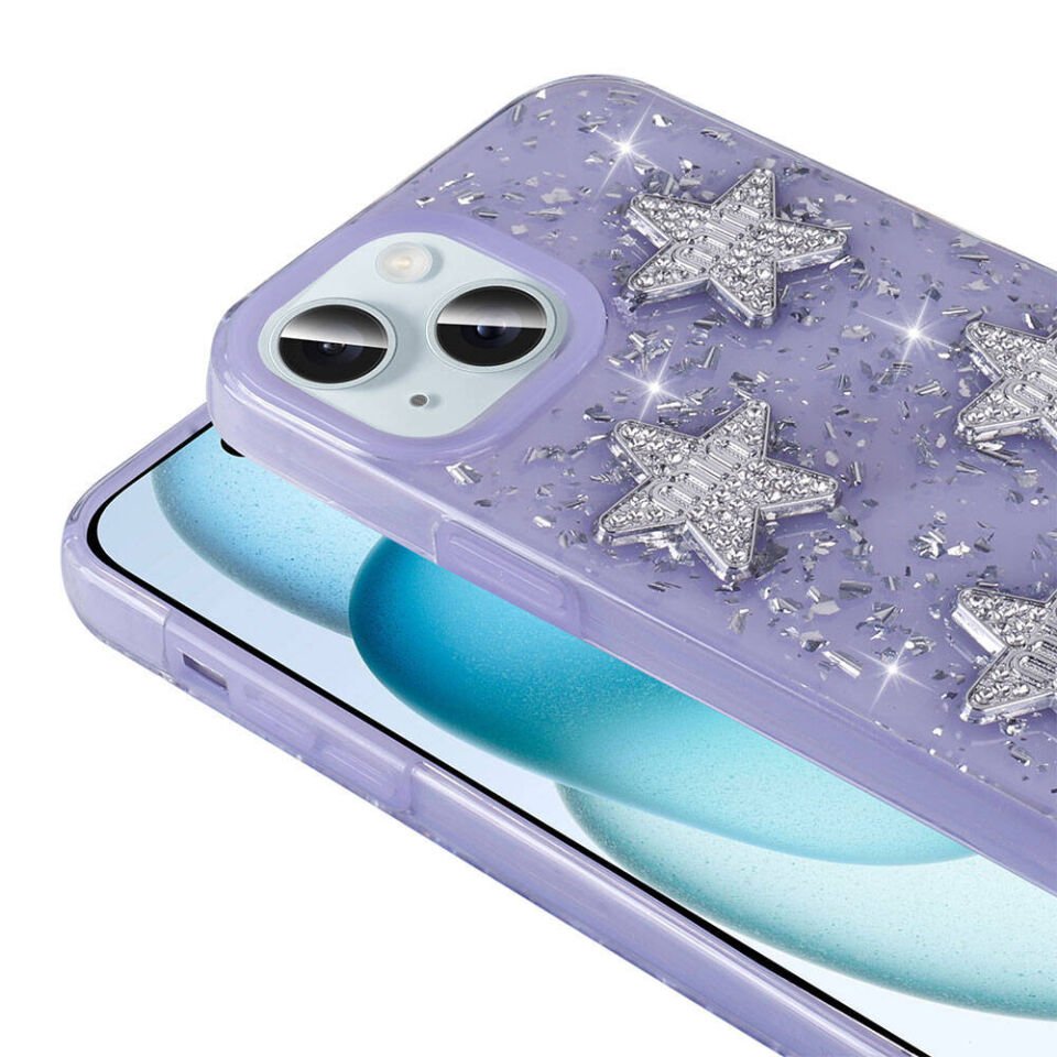 Apple iPhone 14 Kılıf Airbagli Simli Arka Yüzey Parıltılı Silikon Kapak (IŞILTI) Beyaz-Yıldız
