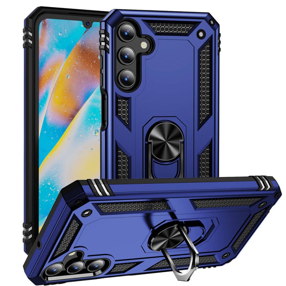 Samsung Galaxy A15 Kılıf Tank Zırh Yüzüklü Mıknatıslı Standlı Kapak (VEGA) Mavi