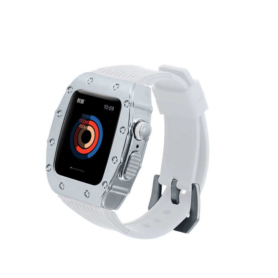 Apple Watch 2/3/4/5/6/7/8/se/ultra/nike 42mm 44mm 45mm 49mm Metal Kordon Tasarım (KRD-65) Beyaz-Gümüş