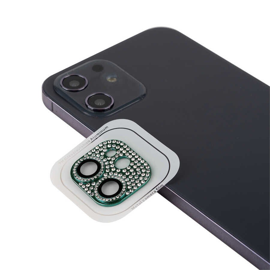 Apple iPhone 11 Kamera Lens Koruyucu Parıldayan Taşlı ve Renkli Tasarım Kolay Takma Aparatlı (CL-08) Koyu Yeşil