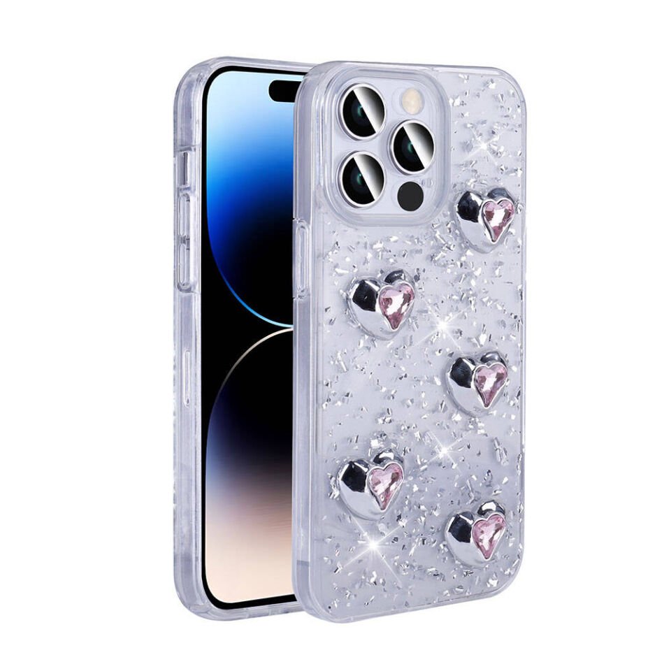 Apple iPhone 14 Pro Max Kılıf Airbagli Simli Arka Yüzey Parıltılı Silikon Kapak (IŞILTI) Beyaz-Kalp